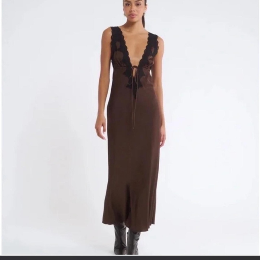 Rumored Venice Dress Brown and Black Lace Trim